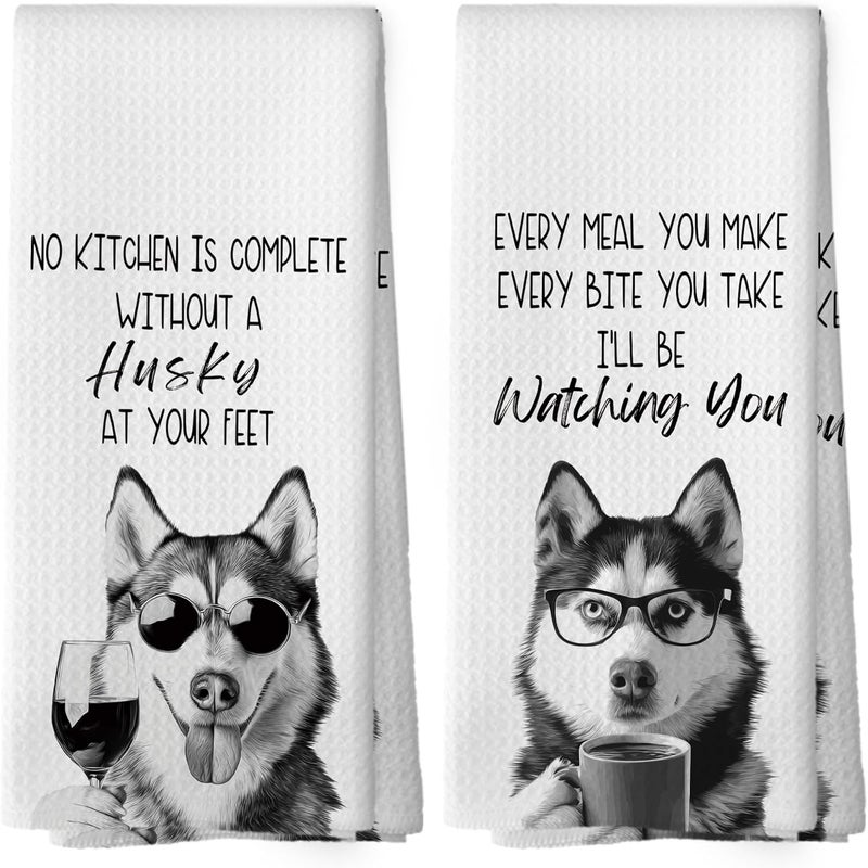 Mcehtle Funny Siberian Husky Kitchen Towels Set of 2, Dog Kitchen Accessories, Coffee Station Decor, Dog Chef Gift Hand Towel, Dining Room Decorative Tea Towel Dish Towels 16x24 Inch - Image 1